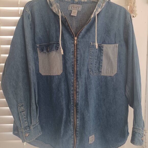 Vintage Limited Jeans Denim Hooded Jacket L Made Hong Kong Patchwork Y2K 90's - Picture 6 of 9